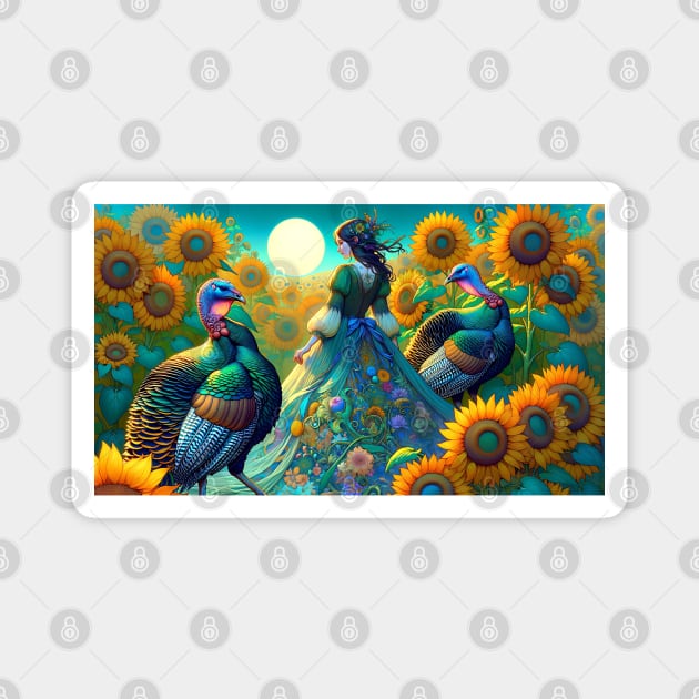Elegant Woman, Turkey and Sunflowers Magnet by HolidayBug