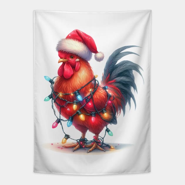 Chicken Wrapped In Christmas Lights Tapestry by Chromatic Fusion Studio