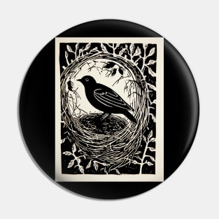 Crow Bird In Nest Nature Retro Linocut Pin