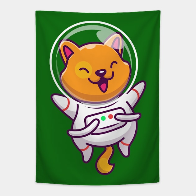 Cute Cat Astronaut Floating In Space Cartoon Tapestry by Catalyst Labs