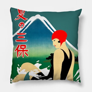 Japanese Travel Tourism Poster 1930s Art Deco Girl Swimsuit Mount Fuji Pillow