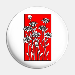 Black and white daisy flower doodle illustration in red background Pin