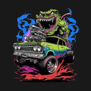 Monster Hot Rod Green Meanie Street Racer Cartoon Retro Design T-Shirt