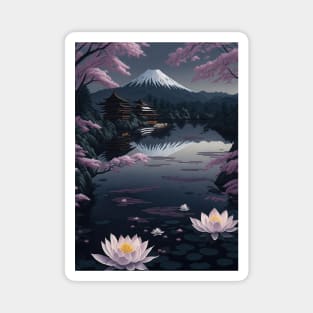 Serene Mount Fuji Sunset - Peaceful River Scenery - Lotus Flowers Magnet