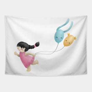 Girl running with balloons, Happy children's day Tapestry