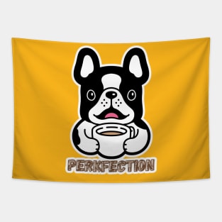 PERKFECTION, WHITE AND BLACK DOG DRINKING COFFEE Tapestry