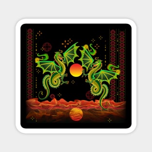 Fantastic dragons flying between flame waves. Magnet