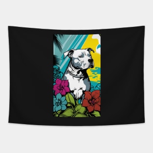 American Staffordshire Terrier PitBull Dog Vibrant Tropical Flower Tall Retro Vintage Digital Pop Art Portrait 7 Tapestry