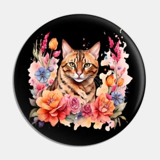 A bengal cat decorated with beautiful watercolor flowers Pin