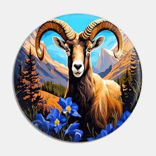 Cartoon Of A Colorado Bighorn Sheep Blue Columbine Pin