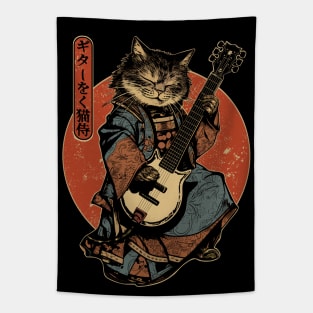 Samurai Cat Playing The Electric Guitar Tapestry