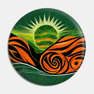 Bold, dramatic image of a green sun rising up from between orange and black mountains. Pin