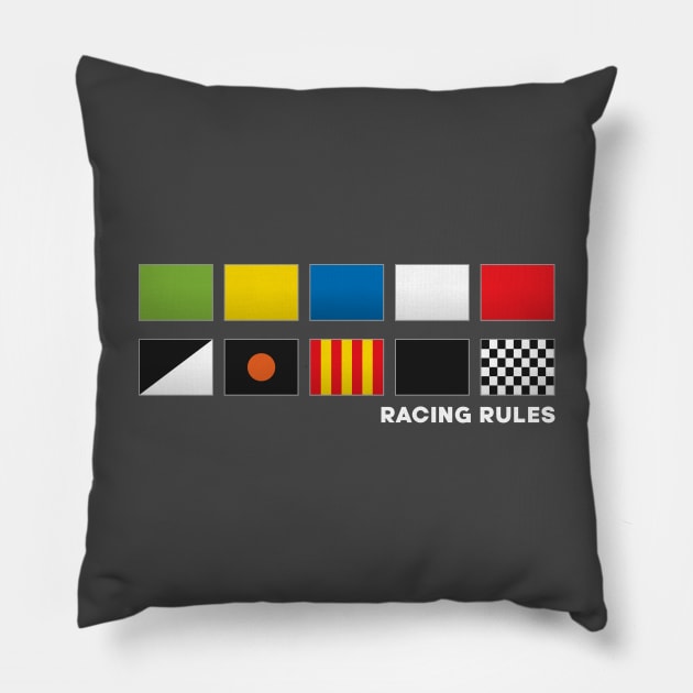 'Racing Rules' F1 Flag Motorsport White Text Design Pillow by DavidSpeedDesign