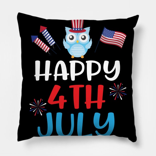 Owl With US Flag Hat Fireworks Happy Independence July 4th Day Americans Dad Mom Son Daughter Pillow by Cowan79