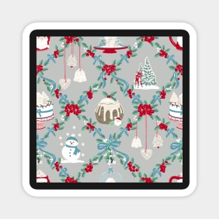 Repeat Pattern of Vintage Christmas Treats on Pale Grey Magnet