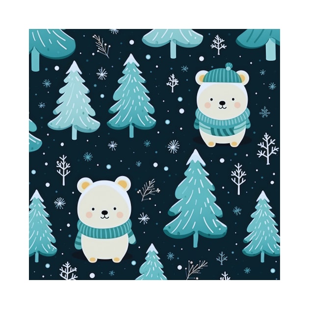 Blue Green White Winter Pattern With Cute Polar Bears, Christmas Trees And Snowflakes by Step Into Art