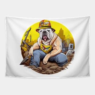 A Carpenter English Bulldog with a tool belt and hard hat, riding a yellow bulldozer and moving dirt Tapestry