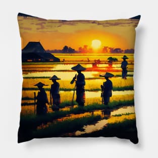 [AI Art] Sunset field workers Pillow