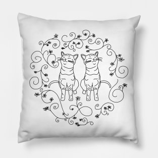 Two Happy Cats Doodle Black Line Drawing Pillow