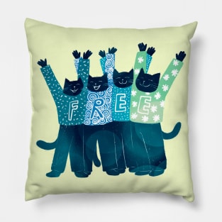 The four CUTE black cats celebrate being FREE and FREEDOM Pillow