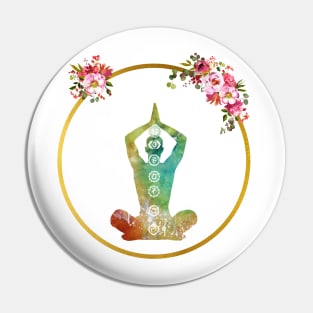 Meditating Man with Hands Raised and Chakras Pin