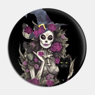 Witch and cat for cute Halloween, purple roses,scary, spooky Pin