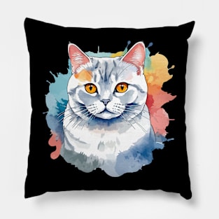 British Shorthair Cat Watercolor Drawing Pillow