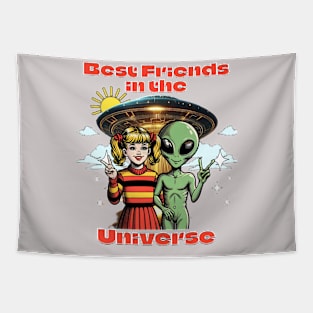 Best Friends in the Universe - Cosmic Companions Retro T-Shirt Tapestry