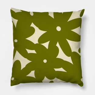 Retro 70s Bold Flowers Pattern Green Pillow