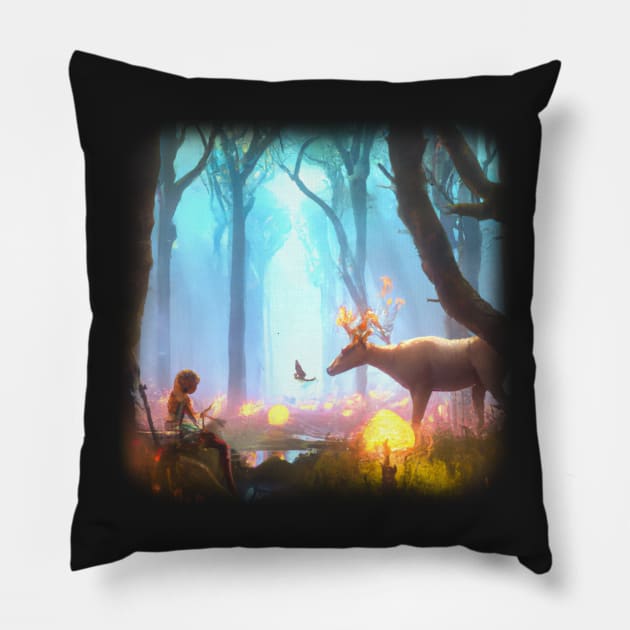 Girl in magical forest surrounded by animals Pillow by Perryfranken