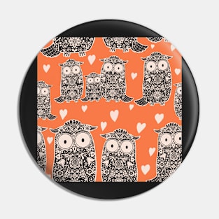 Folk Art Owls, Owlets and Hearts Pattern on Orange Pin