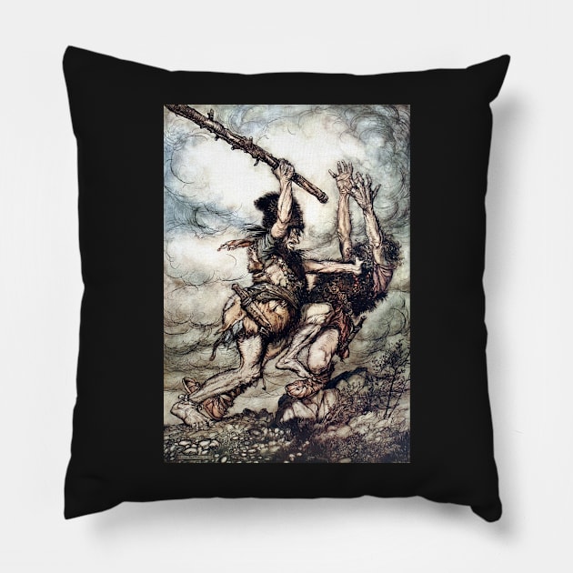 Fafnir Kills Fasolt - The Rhinegold and the Valkyries - Arthur Rackham Pillow by forgottenbeauty