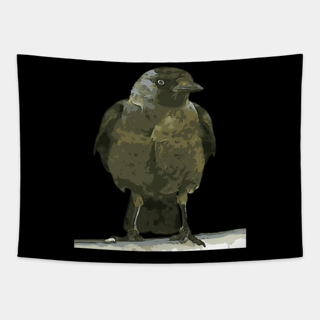 Black Hooded Crow Perched on A Balustrade Black Outline Art Tapestry by taiche