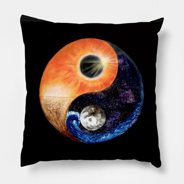 Yin Yang - Sun Moon Day Night Fire Water Pillow by monchie