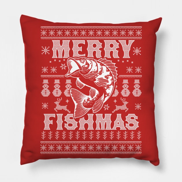 Merry Fishmas Funny Xmas Fishing - Ugly Christmas Sweater Pillow by OrangeMonkeyArt