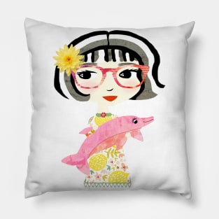 Girl with Pink Dolphin / Maisie & Moon Pillow