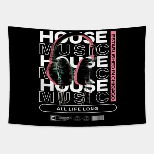 HOUSE MUSIC  - Grainy Headphone Text Overlap (White) Tapestry