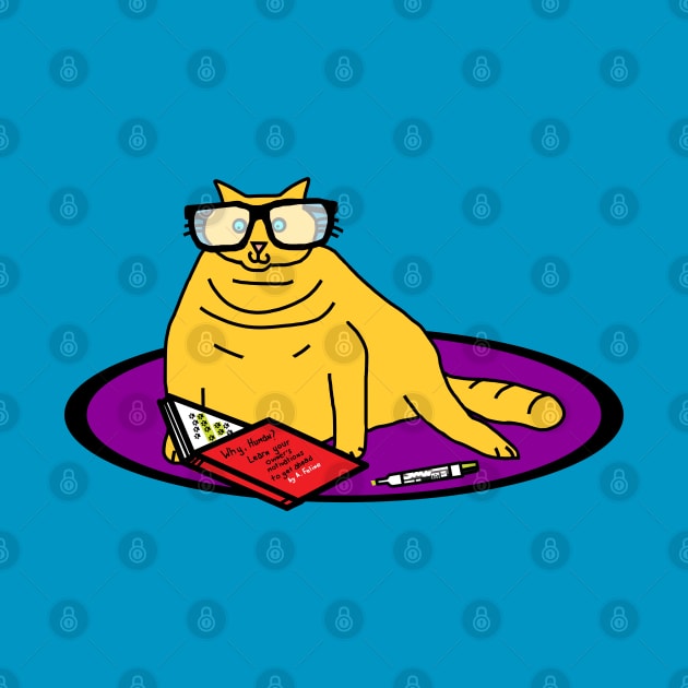 Funny Yellow Chonk Cat Wearing Glasses Reads Book by ellenhenryart