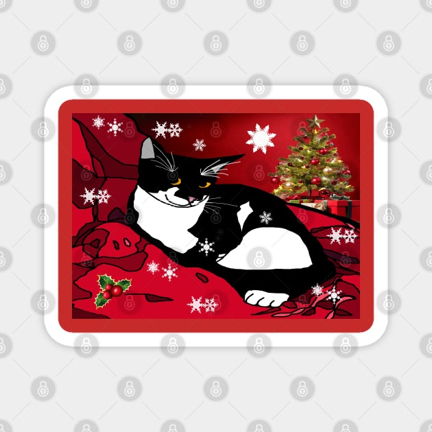 Cute Tuxedo cat wishing Merry Christmas or Merry Catmas collage  Copyright TeAnne Magnet by TeAnne