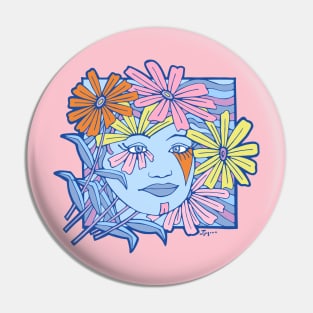 Wavy Square with woman's face and pastel colored daisies Pin