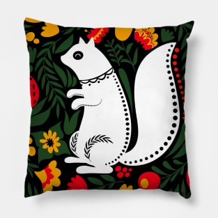 Folk Art White Squirrel with Bright Flowers and Leaves Pillow