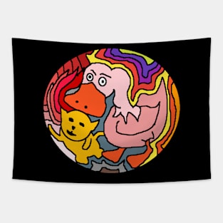 colorful duck with miniature cat Tapestry