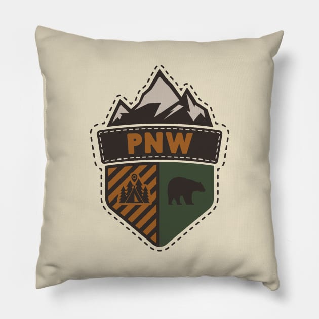 PNW Adventure Badge Pillow by happysquatch