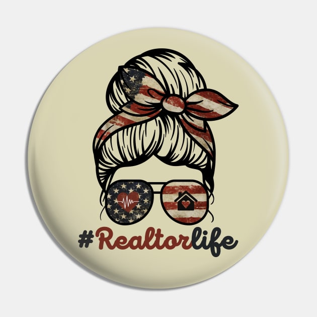 Realtor Life Messy Bun US Flag Pin by Teewyld