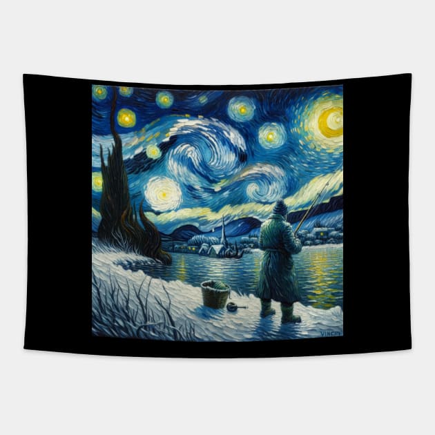 Ice Fishing Under Starry Night - Winter Fishing Tapestry by Edd Paint Something