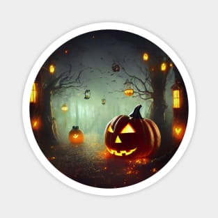 Scary pumpkin in the night foggy forest Magnet