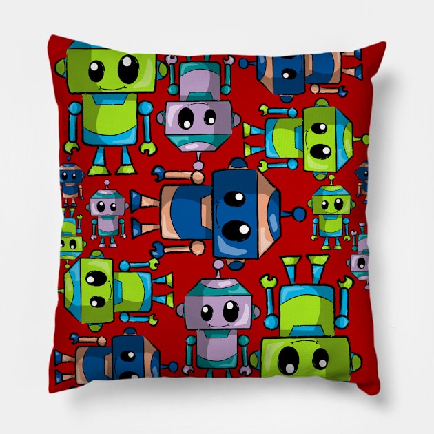 Whimsical Robot Stack – Colorful Cartoon Robot Pile Pillow by Fun Funky Designs