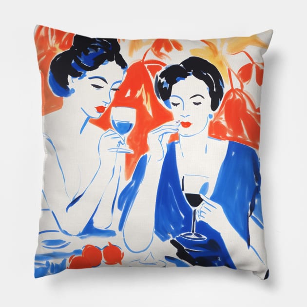 Elegant Women Drinking Wine Pillow by Trippycollage