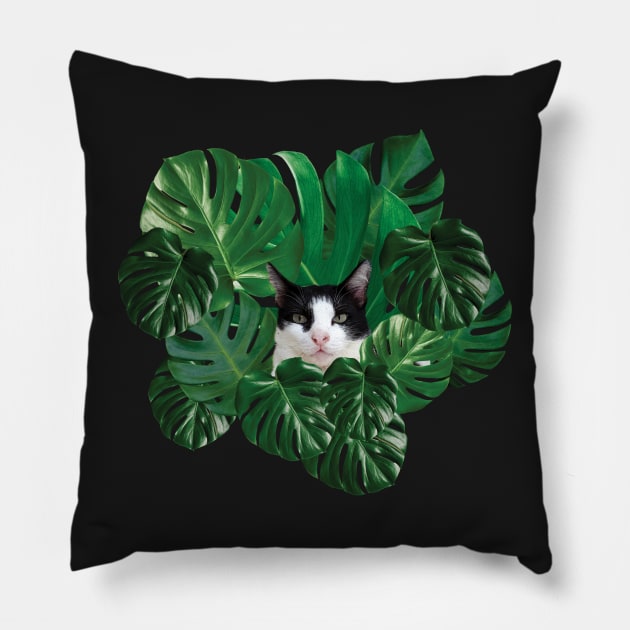 Cute Tuxedo Cat And Monstera Leaves Pillow by leBoosh-Designs