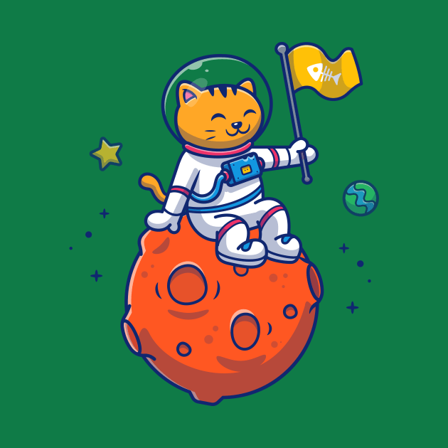 Cute Cat Astronaut Sitting On Moon With Flag Cartoon by Catalyst Labs